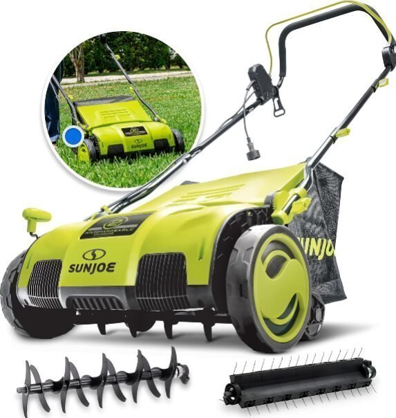 2024-11-20_4-05-51_42e7b6af-e27e-40e7-884f-c6e7d8e28293.jpg Sun Joe AJ805E 15″ Electric Dethatcher & Scarifier, 13-Amp, 5-Position Height, 13.2-Gal Bag, Airboost - Image 1