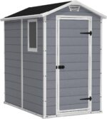 Keter Manor 4×6 Resin Outdoor Storage Shed Kit-Perfect to Store Patio Furniture, Garden Tools Bike Accessories, Beach Chairs and Lawn Mower, Grey & White
