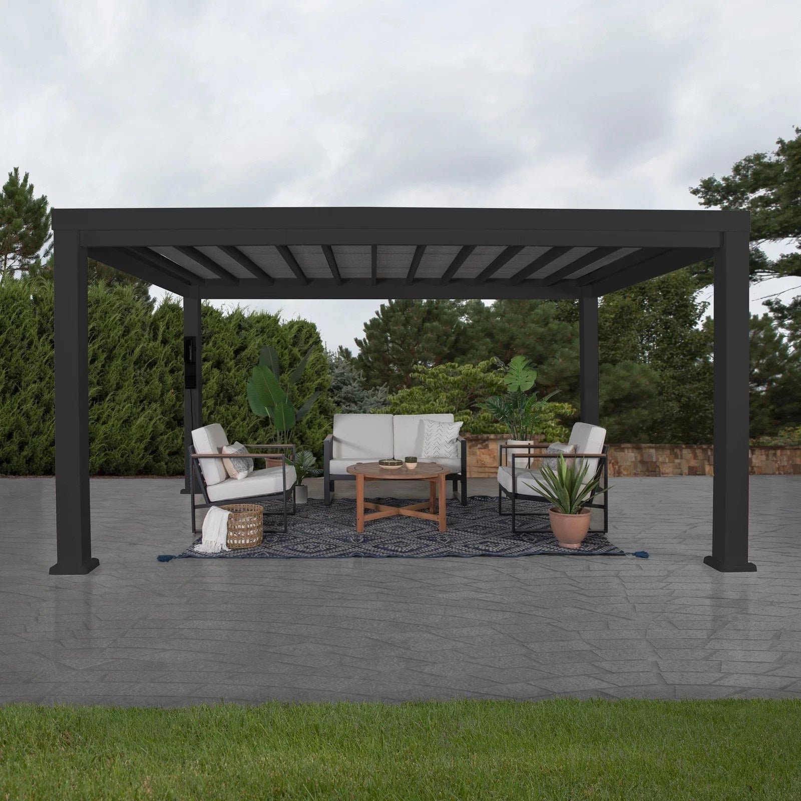 ModernPergolaMediumFrontBlack-1.jpg 14×10 Trenton Modern Steel Pergola With Sail Shade Soft Canopy - Image 1